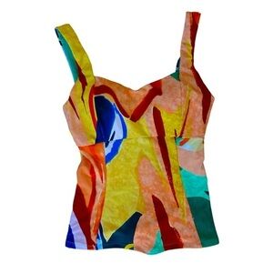 Calla Tankini Top - S green , gold , red , nylon spandex